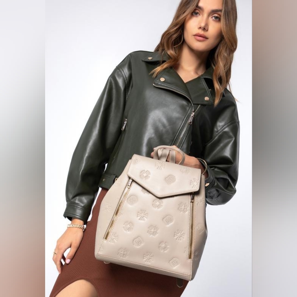 # 538 Women's Monogram Leather Backpack with Vertical Zippers Black - Picture 10 of 12